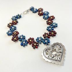 Maroon Blue Flowers Silver Heart Charm 1/2” wide 7” long bohochic