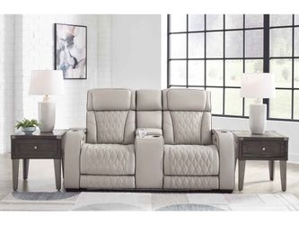 Boyington Dual Power Leather Reclining Loveseat with Console Gray – Like New