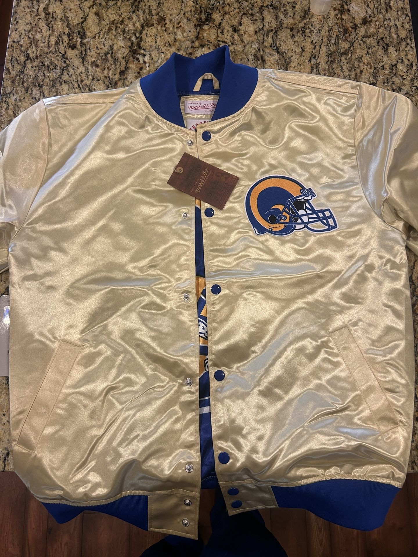 New Los Angeles LA Rams Mens Reversible NFL Mitchell & Ness Light Weight Satin Gold & Blue Medium Retro Throwback Button Up Jacket
