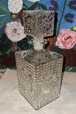 Vintage 1955 Crown Royal Glass Decanter with Stopper Hobnail Square 10"