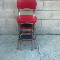 Cosco Red Chrome Kitchen Step Stool Farm Chair Plant Stand Vinyl