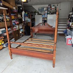 Queen Size Poster Bed with Rails and Support Wooden Slats 