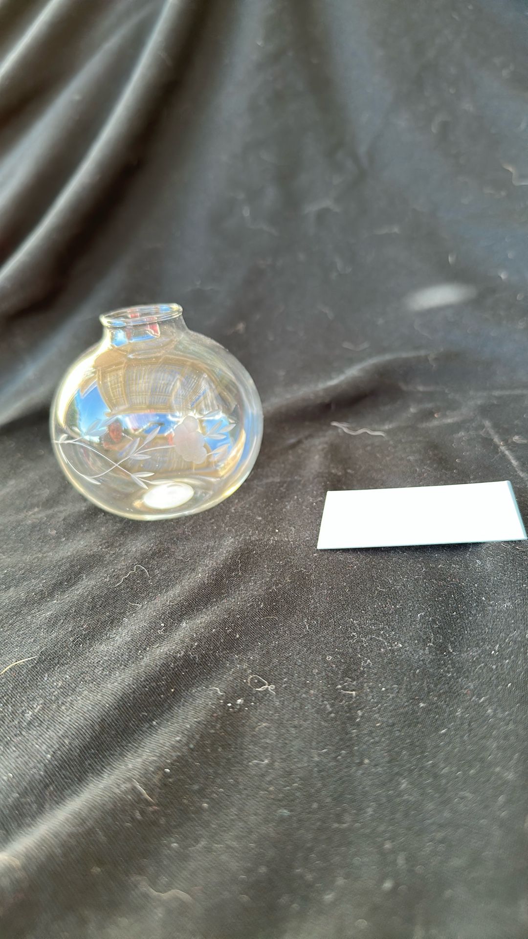 12 = Be Seated Bud Vase/Place Card Holder, a hand-blown glass vase with an etched floral design