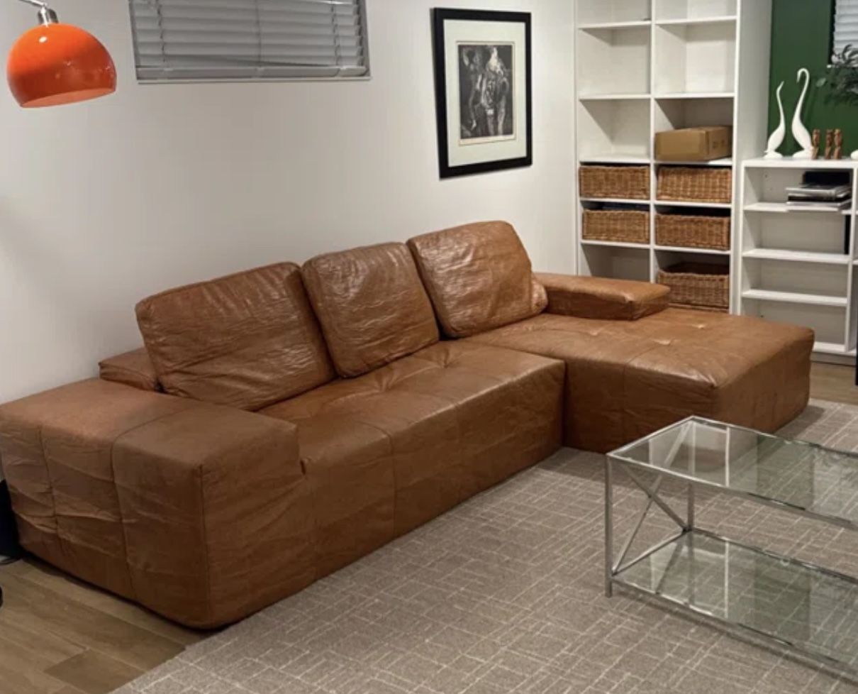 New Modular Deep Seat Faux Wax Leather Modern L-shaped Sectional Sofa In Light Brown