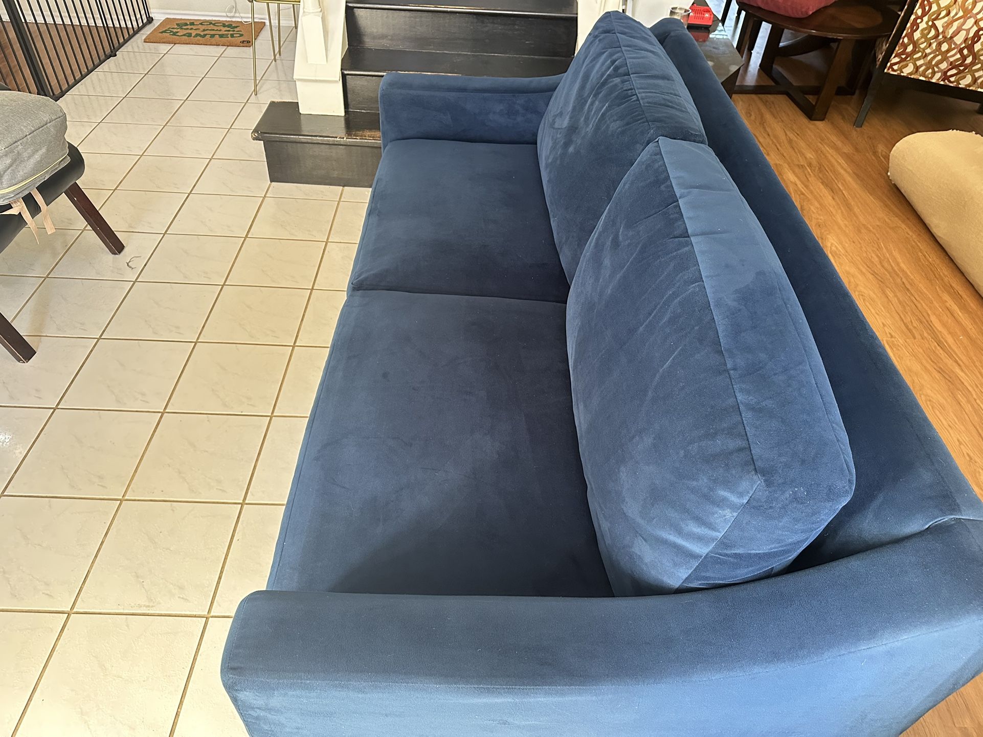 Pottery Barn 2 Seater Blue Suede Sofa