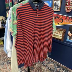 (L)23.5x28 Navy & Red Striped LS Polo Shirt
