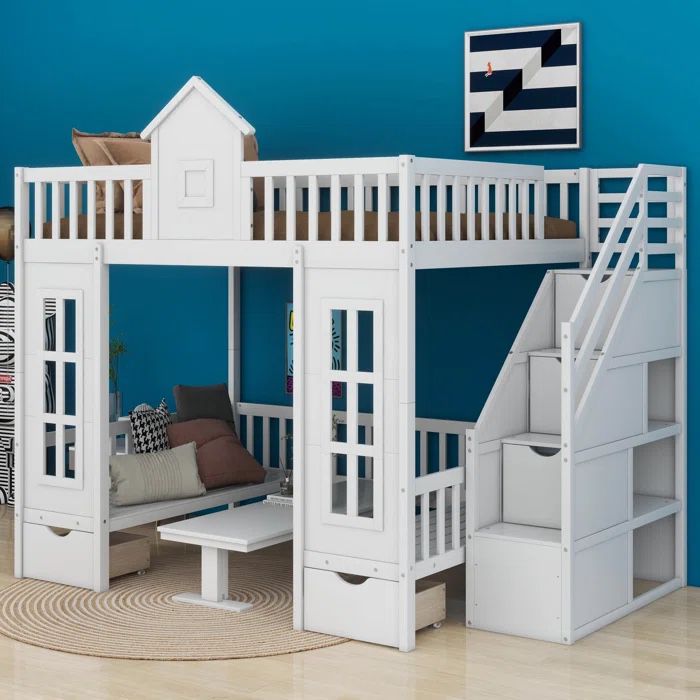 White Full Over Full Bunk Bed w/ Convertible Seating Area w/ Table & Storage Staircase  [NEW IN BOX] **Retails for $1000 ^Assembly Required^ 