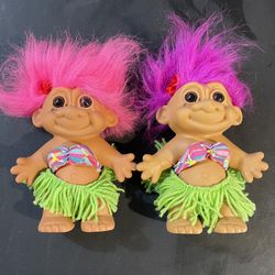 Vintage Russ Trolls Dolls with pink/magenta hair and custom hula outfits