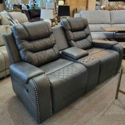 Dark Gray Polished Microfiber Double Glider Reclining Loveseat