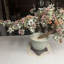 Vintage Chinese Bonsai Jade Glass Stone Floral Tree 30 Inches Wide By 18 Inches Tall