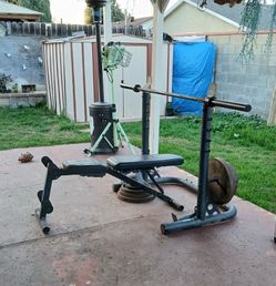 Bench + bar + rack + weights