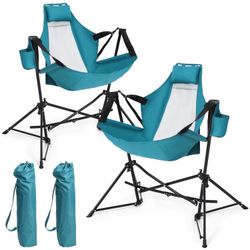 HOMEFUN Hammock Camping Chairs Set of 2- Portable Swinging Chair for Adults with Stand and Storage Bag, Oversized Folding Rocking for Lawn Camp F