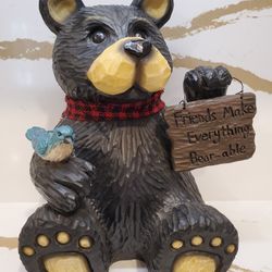 Friends make everything Bear-able Home Decor Statue Blue Bird Brown Bear YOUNG GIFT Sign Red Scarf rare