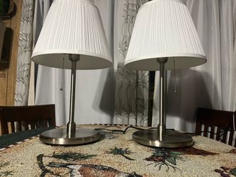 Set of 2 Modern Brushed Nickel Table Lamps with White Shades