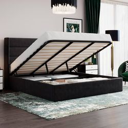 King Size Lift Up Storage Bed/Velvet Upholstered/Modern Wingback Headboard/Upholstered Platform Bed Frame/Hydraulic Storage/No Box Spring Needed/Black