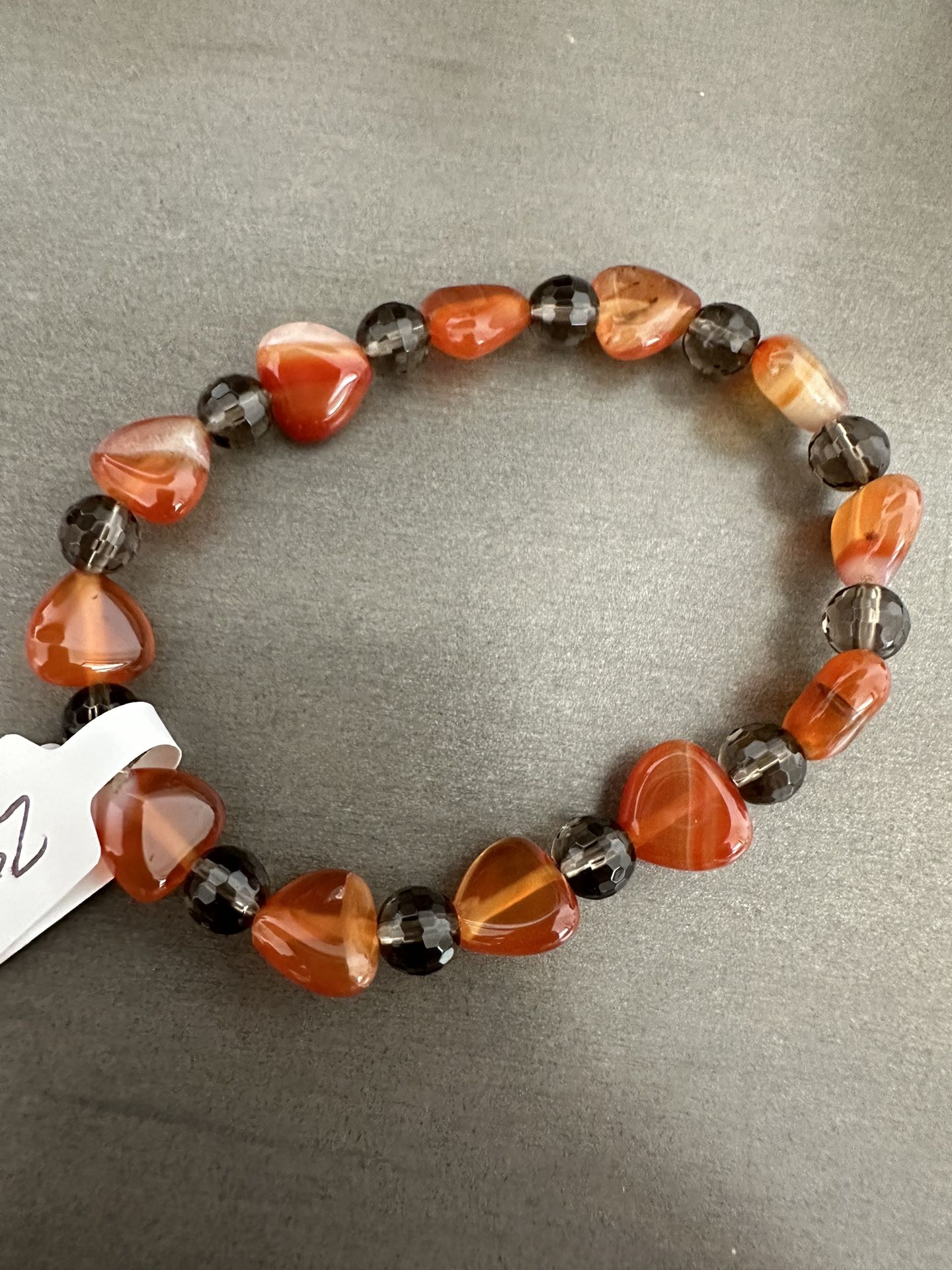 New, Beautiful Carnelian Hearts And Faceted Smoky Quartz Crystal Bracelet. Jewelry Bag Included.