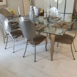 Glass Table and Six Metal Back Chairs