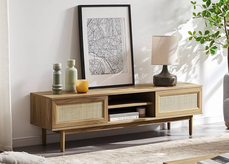 mopio Haylee TV Stand, Modern Farmhouse Television Stand for 55/60/65 inch TV, Natural Rattan Boho Entertainment Center with Storage, Media Console Cr