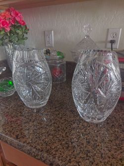 Crystal two  vases perfect etched, very large and heavy set two hundred dollars