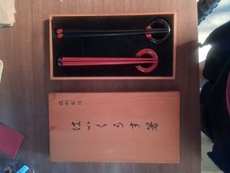 Lacquered Artisan Japanese Couple Chopstick Set & Rests in Wood Calligraphy Box