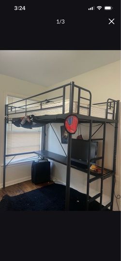Metal Loft Bed with Desk and Shelves