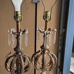 Set Of Vintage Lamps.   Gold Flake, Porcelain Body, Wood Base, Lamp shades Included