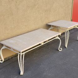 WROUGHT IRON & MARBLE PATIO TABLE SET