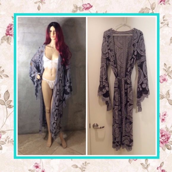 KIMONO ROBE CARDIGAN BELL SLEEVE LACE BLK BOHO CHIC DUSTER BOHEMIAN FESTIVAL KAFTAN GYPSY HIPPIE MAXI LONG COVER UP POOL SWIM GRAY WOMAN LADY GIRL