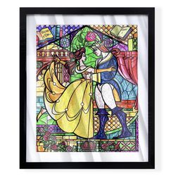 Beauty and the beast stained glass windows art piece in black frame