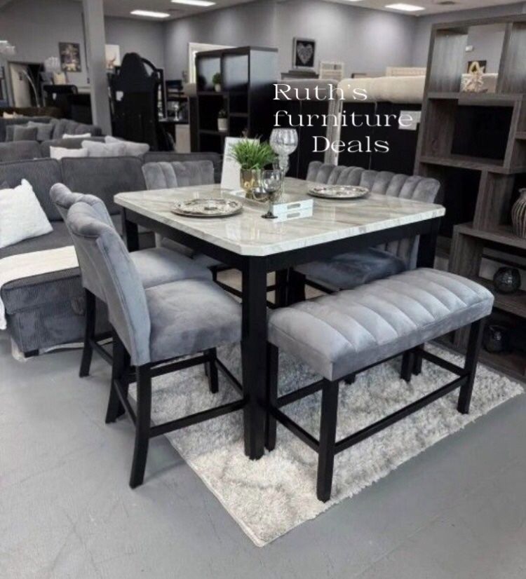 5-pc Counter Height Dining Table Set With Velvet Upholstered Chairs( Bench Is Not Included)
