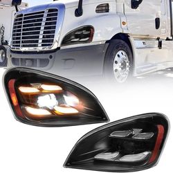LED Headlights Assembly Compatible with 2008-2016 Freightliner Cascadia, LED Headlamps Assembly, Black Housing Clear Lens (Pair)