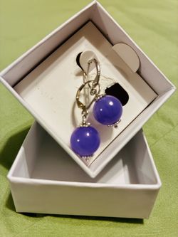 Purple Bead Drop Earrings Silver Tone