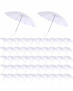 50 Pcs Wedding Clear Umbrella Bulk for Rain, Large Windproof Stick Umbrellas with White J-Hook Handle for Guests, Wedding Bride Groom Photography, Pro