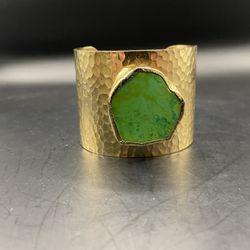 Hammered Gold Wide Cuff Bracelet Large Green Stone Statement Bangle Boho Vintage
