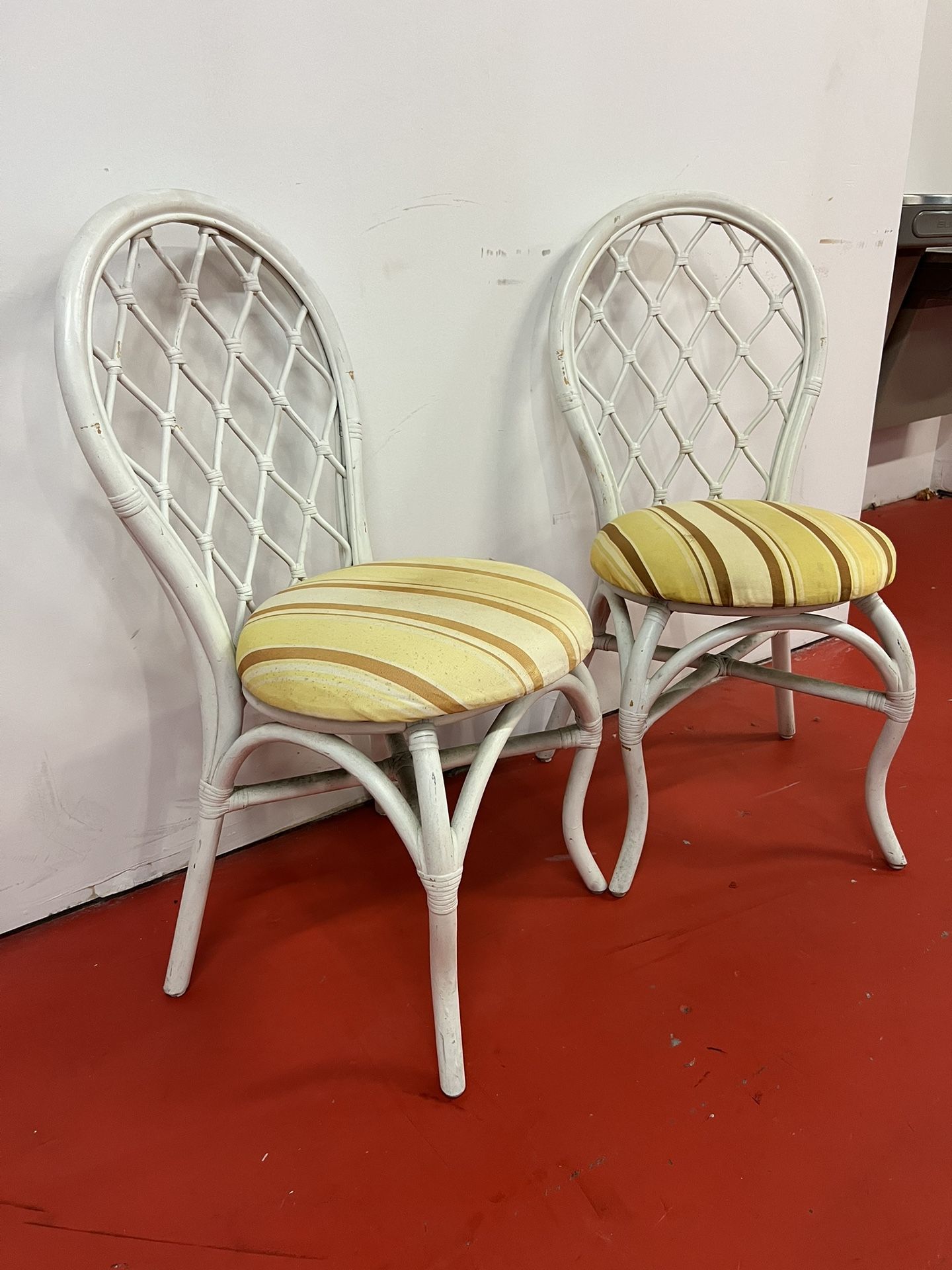 Vintage Pair Coastal White Rattan Chairs 