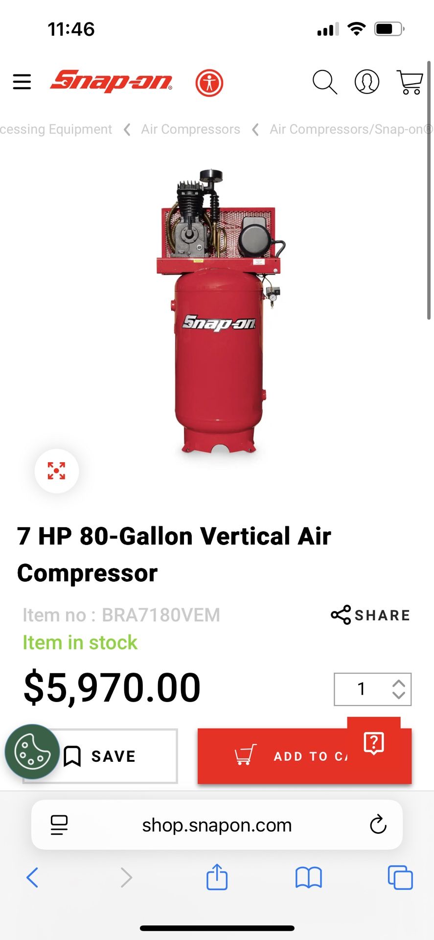 80 Gallon Snap on Air Compressor