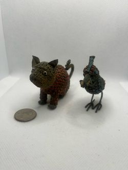 Vintage Tibetan Nepalese Brass Filigree Jeweled Rat and Bird Miniature Figurines - Pair