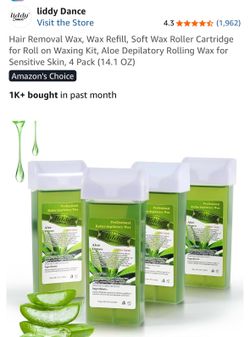 Hair Removal Wax, Wax Refill, Soft Wax Roller Cartridge for Roll on Waxing Kit, Aloe Depilatory Rolling Wax for Sensitive Skin, 4 Pack (14.1 OZ)