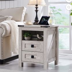 Farmhouse Nightstand w/ Charging Station, 2-Drawer End Table, Antique Brush White