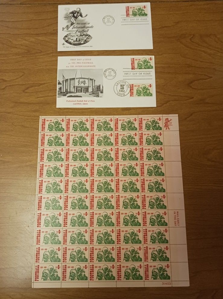 1969 Football Postage Stamps Full Sheet & First Day Issue Envelopes