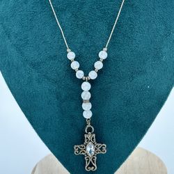 Sterling Silver Rosary Israel Aquamarine Stone Quartz Beads 18 1/2” Long Weighs 17.20 Grams Shiny Great Condition 