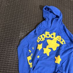 Sp5der Blue Yellow Star Hoodie – Y2K Streetwear – Unisex Pullover