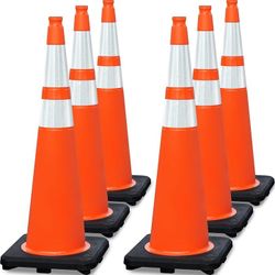 6 Pack Extra Large 36" Inch PVC Traffic Cones with Heavy-Duty Base, High-Visibility All-Weather Safety Cones for Road Construction, Parking Lot, and G