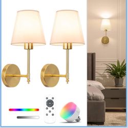 NIORSUN 14.5 inch Battery Operated Wall Sconce Set of 2,Gold Rechargeable Wall Lights with 5200mAh Dimmable Detachable Bulbs and Remote,9 Colors Wirel
