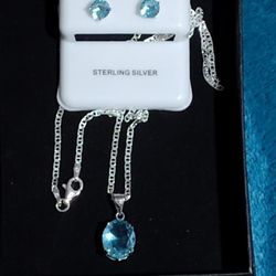 Blue Topaz Sterling Silver Pendant And Matching Sterling Silver Earrings With Chain