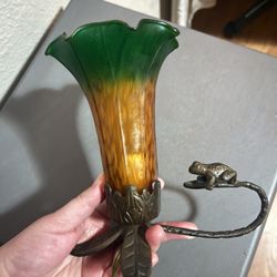 Jeweled Frog  Sculptured Bronze Lamp Yellow Orange Green Flower Whimsical