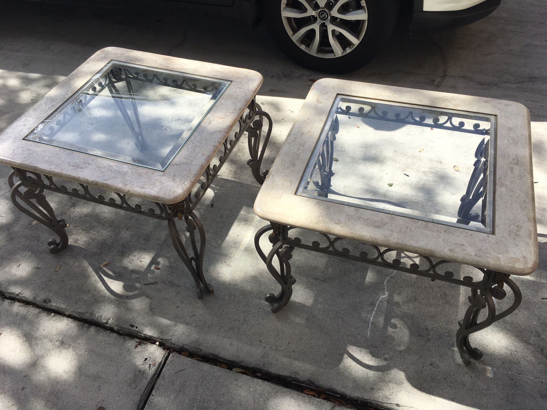 Marble Glass & Iron End Tables