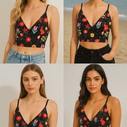 Floral Embroidered Black Crop Top