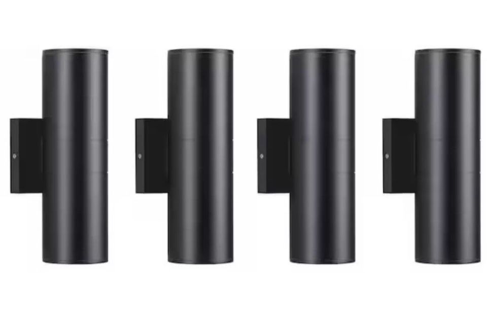 Open Box Aluminum Black 12- Watt Equivalent Integrated LED Black Cylinder Wall Sconce Indoor/Outdoor Wall Pack Light, 2700K (4-Pack