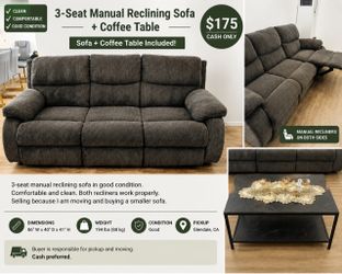3-Seat Manual Reclining Sofa and coffee table